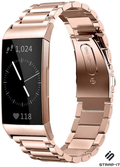 Strap-it Stalen schakel bandje - geschikt voor Fitbit Charge 3 / Charge 4 (rosé goud)