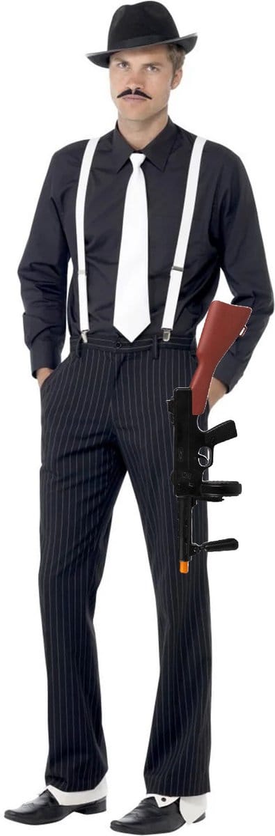 Smiffys Gangster/Maffia verkleedkleding setje voor heren - hoed - bretels - stropdas - machinegeweer 50 cm - Al Capone thema