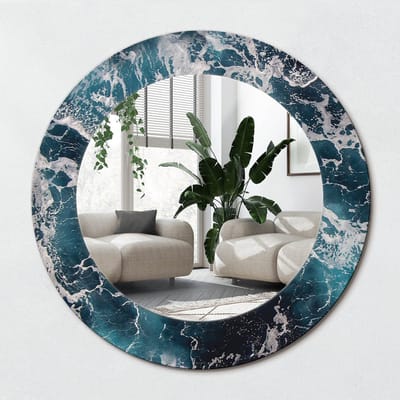 Wallfluent Bedrukte Ronde Spiegel - Ronde Spiegel Met Decoratie Stormachtige Zee - 50 cm / 36 cm - Blauw - Blauw Ronde Spiegel Lijst Met Print - Slaapkamerspiegel - Badkamerspiegel - Gang - Kleedkamer - Spiegelmontageset