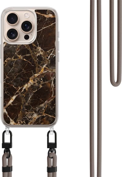 Casimoda® hoesje met koord - Geschikt voor iPhone 16 Pro - Marmer Bruin - Afneembaar koord - TPU/polycarbonaat - Bruin/beige