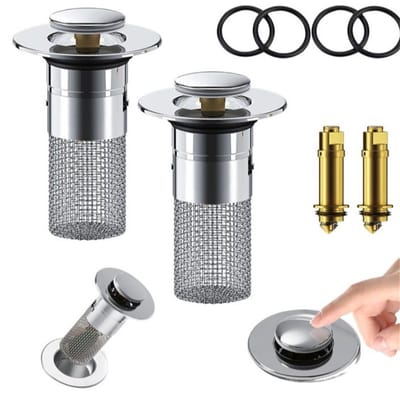 Peysaitr - Wastafelafvoerstop - RVS - koperen kern - Push-type met filter - anti-verstopping & geurvrij - universeel - 2 stuk