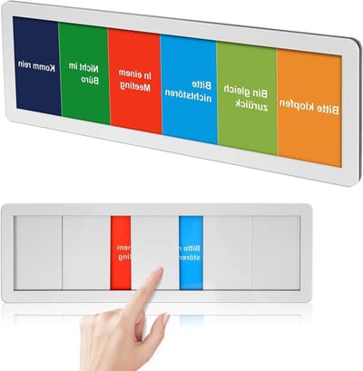 Deurhanger voor kantoor, 6 opties, 15 x 8 x 0,5 cm, niet storen tijdens vergadering, schuiffunctie, duidelijke communicatie en professionele uitstraling