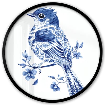 Poster in lijst Rond - Fotolijst 40x40 cm - Posters - Vogel - Delfts blauw - Illustratie - Bloemen - Ronde posterlijst zwart - Decoratie - Wanddecoratie woonkamer - Muurdecoratie slaapkamer