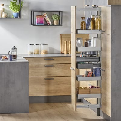 SOTECH Dispensa-X apothekerslade ZILVERGRIJS 1200-1600 mm SoftstopPlus, Clickfixx en 4 ARENA Pure inhangplanken met donkergrijze bodem voor 300 mm brede kasten, draagvermogen 100 kg, Kesseböhmer