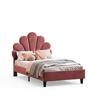 Archi Kinderbed 90x200 cm – Gestoffeerd Eenpersoonsbed – Kinderbedframe Verstelbaar Hoofdeinde – Bloemvormig – Velours – Wijnrood