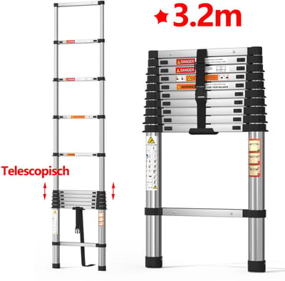 3,2 m Telescopische ladder van staal, max 150kg belasting, uitschuifbare trap met veiligheidssloten, compact opvouwbaar voor thuis en professioneel gebruik