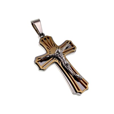 Kruishanger met Jezus, Bicolor Kruis Hanger met Uitgesneden Details, RVS Zilverkleurig–Goudkleurig - Unisex