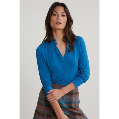 River Woods Petrol V-neck T-shirt Ruffle Collar Maat: XS | Longsleeves Outlet | Dames | Blauw