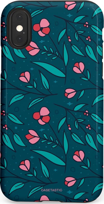 Casetastic hoesje geschikt voor Apple iPhone X / Apple iPhone XS - Dubbellaagse bescherming - Blauwe Groene Bloemenpracht - Fashion Case - Petrol Donkergrijs