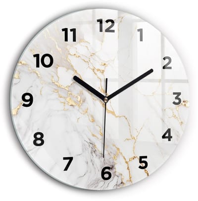 Wallfluent Wandklok - Decoratief marmer Klok als Muurdecoratie - 60 cm x 60 cm - Wit Wandklok - Zwarte Handen - Wandklok Met Cijfers - Stille Wandklok Slaapkamer - Ronde Glas Klok - Scandinavisch Wandklok - Klok als Muurdecoratie