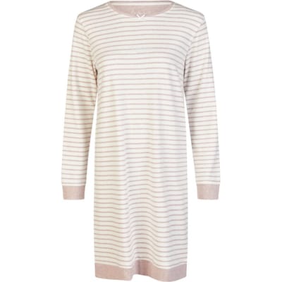 By Louise Dames Nachthemd Interlock Lange Mouw Wit/Roze Gestreept - Maat S