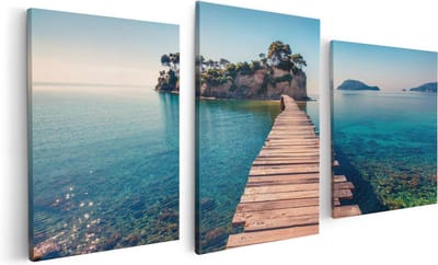 Artaza Canvas Schilderij Drieluik Pad Op Het Water Naar Een Grieks Eiland  - 120x60 - Foto Op Canvas - Canvas Print
