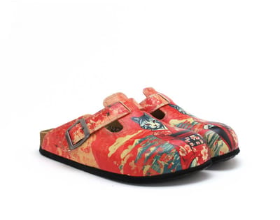 Goby Dames Clogs – Rood Kattenprint – Handgemaakte Instappers – Vegan Leer – Ergonomisch Voetbed – Maat 35