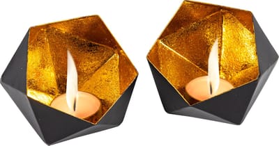 Gadgy Waxinelichthouder Diamant - Theelichthouders Set van 2 - Decoratie Woonkamer - Sfeerverlichting Binnen - Kaarsenhouders voor Waxinelichten 10x9 cm - Windlicht Metaal - Zwart/Goud - Cadeau voor Vrouw