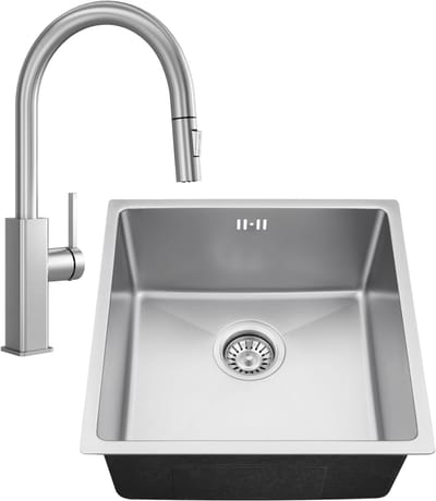 Auralum max Spoelbak RVS (44x44CM) – Spoelbak Keuken Met Uittrekbare Uitloop Keukenkraan - Spoelbakken Keuken – Wasbak Keuken - RVS