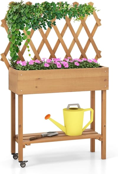 COSTWAY Verhoogd bloembed met plank en latellis, bloembed op wieltjes, plantenbak met stoffen bekleding, hout, bloembak met rankrooster voor klimplanten, tuin, balkon, terras, 90 x 29 x 129 cm