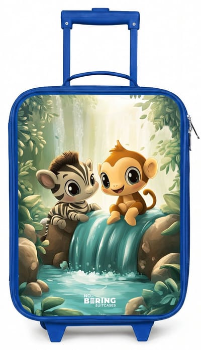 NoBoringSuitcases.com® - Kinderkoffer blauw - Kindertrolley jongen - Zebra - Aapje - Waterval - Rotsen - Koffer kind lichtgewicht - Reiskoffer trolley voor kinderen - Koffertje met lichtgevende wieltjes - Rolkoffer