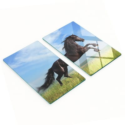 Set van twee glazen snijplanken voor in de keuken, afbeelding van een zwart paard in de wei, 2x30x52 cm