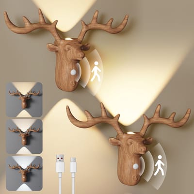 Rosnek Houtlook Hert Wandlamp Binnen 2 Stuks - Draadloze LED Nachtlamp met Bewegingssensor - Up & Down Verlichting - Oplaadbaar & Traploos Dimbaar - Slaapkamer / Trap (Kleur: Beuken)
