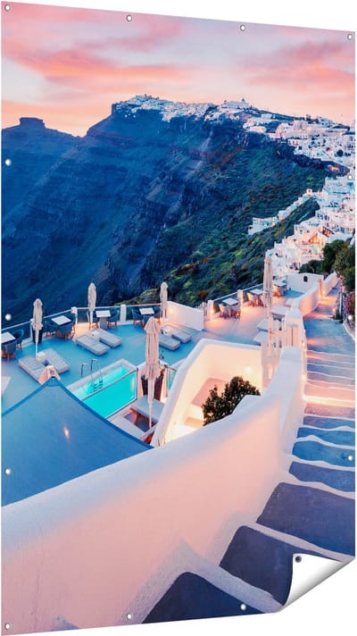 Gards Tuinposter Luxe Huisjes aan de Kust in Fira, Griekenland - 120x180 cm - Tuindoek - Tuindecoratie - Wanddecoratie buiten - Tuinschilderij