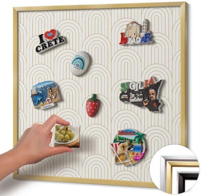 Wallfluent - Romig Magneetbord met Patronen - 50 cm x 50 cm - Magneetbord met Gouden Frame - Lineaire regelmatige bogen - Magnetisch Bord Decoratief - Magneetbord Voor Thuiskantoor - Magneetbord Multifunctioneel