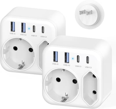 SnelShoppen - Set van 2 Reisadapters voor Japan, 6-in-1 EU naar Japan Adapter met 2 USB-C en 2 USB-A Poorten, Type A Stekker voor Japan, VS, Thailand,