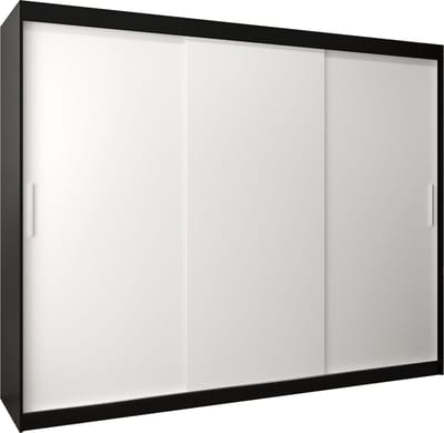 InspireMe - Kledingkast met 3 schuifdeuren, Modern-stijl, Kledingkast met planken (BxHxD): 250x200x62 - TORM 250 Zwart Mat + Wit Mat