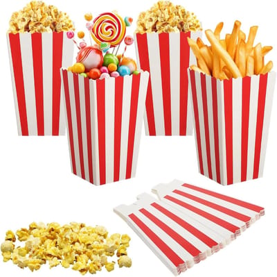 Allecto Plus - Popcornzakjes Set van 40 - Feestelijke snackcontainers voor popcorn, zoutstokken en candybar - Ideale toevoeging aan filmavond, verjaardagsfeest - Snoepcontainer met strepen设计特点:包括40个小爆米花袋，小型爆米花盒，糖果盒和派对小吃容器。