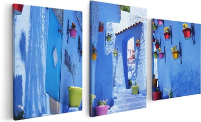 Artaza Canvas Schilderij Drieluik Blauwe Huizen met Bloempotten in Chefchaouen, Marokko - 120x60 - Foto Op Canvas - Canvas Print