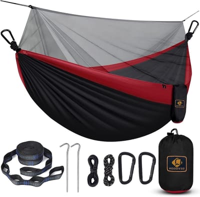 Campinghangmat met net, draagbare lichtgewicht dubbele hangmatten met boomriemen en solide D-vormige karabijnhaken, parachute nylon hangmat voor backpacken, strand, achtertuin, terras, wandelen, zwart