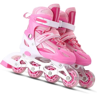 Verstelbare Lichtgevende Inline Skates met Lichtgevende Wielen voor Kinderen en Volwassenen voor Meisjes en Jongens Mannen en Vrouwen M roze