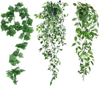 Set van 3 Onderhoudsvrije Kunsthangplanten van 95 cm - Ideaal voor Binnen en Buiten, Klimop, Watermeloenblad en Wijnblad