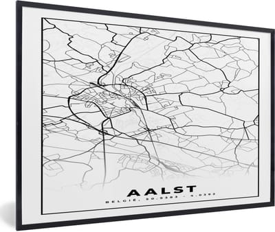 Fotolijst incl. Poster Zwart Wit- Stadskaart – Plattegrond – België – Zwart Wit – Aalst – Kaart - 60x40 cm - Posterlijst
