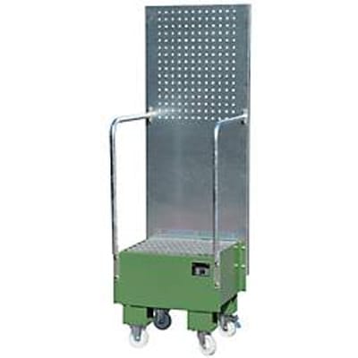 Verrijdbare lekbak met geperforeerde plaatwand, van staal, capaciteit 1 x 60 liter vat, groen