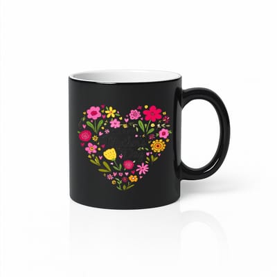 Zwarte Magic Mok 330 ml – Fijne Moederdag Warmtegevoelige Mok – Bloemen Hart Design – Cadeau voor Mama