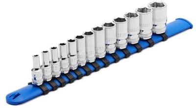 13-delige 1/4" drive middellange doppenset, 6-punts, chroomafwerking, metrisch, 4 mm tot 15 mm