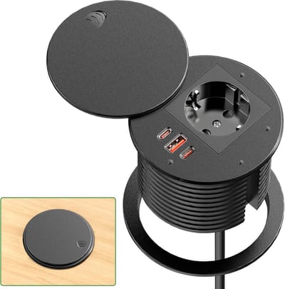 Inbouwstopcontact met 2 USB-C Poorten en Afdekplaat | Tafelcontactdoos 1.8m Kabel Zwart