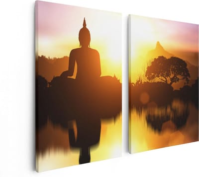 Artaza Canvas Schilderij Tweeluik Silhouet Van Boeddha Beeld Met Zonsondergang - 80x60 - Foto Op Canvas - Canvas Print