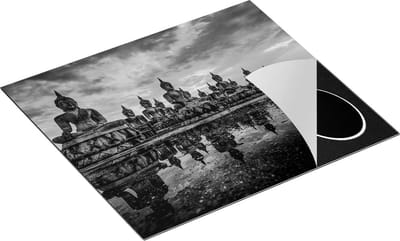 Chefcare Inductie Beschermer Boeddha Beelden tijdens Zonsondergang - Zwart Wit - 60x50 cm - Afdekplaat Inductie - Kookplaat Beschermer - Inductie Mat
