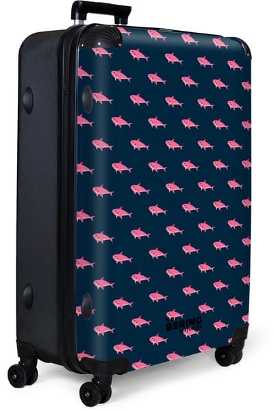 NoBoringSuitcases.com® - Koffer groot - Reiskoffer lichtgewicht - Blauw met roze haaien print - Rolkoffer met 4 wielen - Grote trolley XL - 98 liter bagage