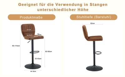 REDOM Barkruk - Verstelbare Hoogte en 360° Draaibaar - Industrieel - Metaal en Kunstleer - Zwart Bruin - 52 x 45 x 93-114 cm