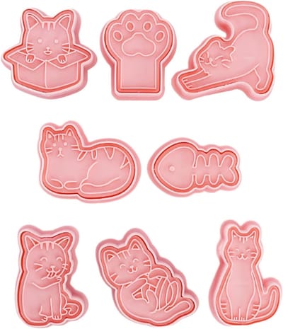 Set van 8 Katvormige Koekjesuitsteekvormen van 3D Plastic voor Kinderen, Taartdecoratie en Bakplezier