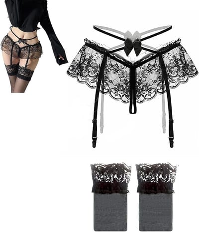 Sexy Lingerie Set voor Vrouwen met Brede 4 Strap Kanten Suspender en Bijpassende Slipjes