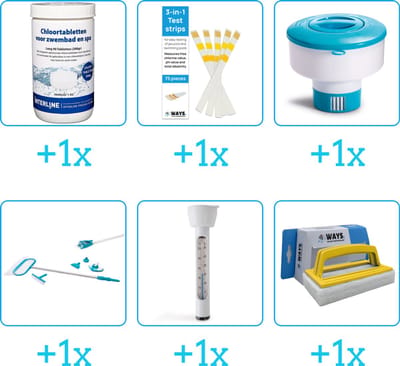 Zwembad Onderhoudspakket - Onderhoud Zwembad - bevat Chloor - Testrips - Chloordrijver - Schoonmaakset - Thermometer en Scrubborstel (6-delig)