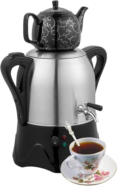 Elektrisch Turks theeapparaat, 3L roestvrijstalen theepot, 1L keramische theepot, elektrische Turkse Samovar met warmhoudfunctie, for koffie, geurende thee,Turkse thee(Black)