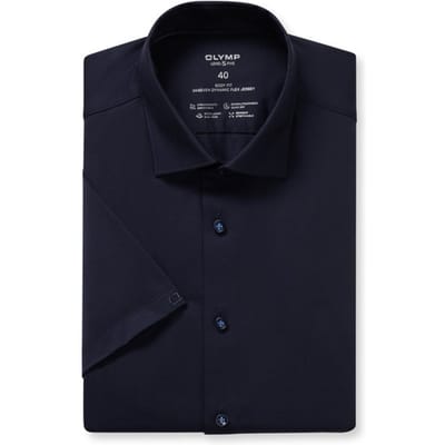 OLYMP Level 5 24/Seven body fit overhemd - korte mouw - marine blauw tricot - Strijkvriendelijk - Boordmaat: 39