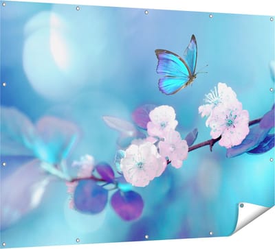 Gards Tuinposter Blauwe Vlinder bij een Roze Bloem - 160x120 cm - Tuindoek - Tuindecoratie - Wanddecoratie buiten - Tuinschilderij