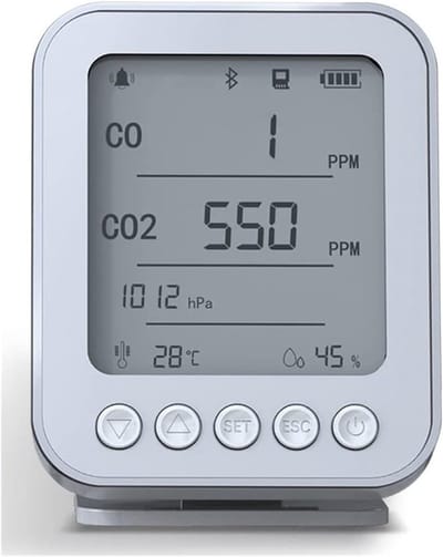 Luchtkwaliteit Monitor - Slimme Sensor - Ademhaling Beschermen - 5-in-1 Meting - 43.8mm x 90mm - Zilver