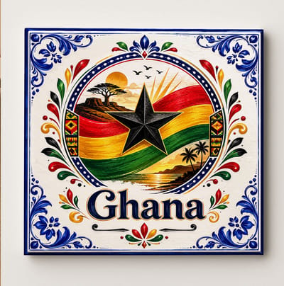 Ghana Decoratieve Tegel – Ghana Vlag Design met Zwarte Ster, Zonsondergang Landschap en Delfts Blauwe Bloemenrand – Keramische Souvenir Cadeautegel