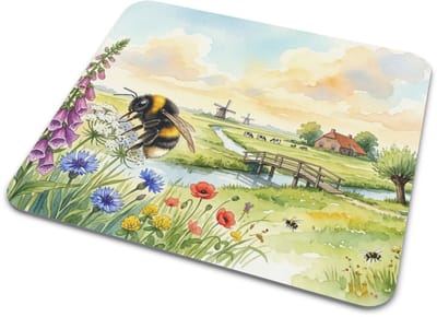 Muismat Aardhommel - Bij op Wilde Bloemen "Aquarel Series" Illustratie - Natuur Design Mousepad - Bureau Accessoires Cadeau voor haar: Vrouw, Vriendin & Collega - Kleurrijke Insecten Print - Thuiswerk Werkplek Decoratie - Dierentuin van de Tuin